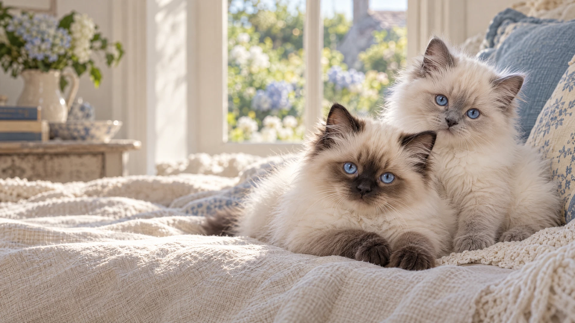 Two fluffy Ragdoll kittens resting together in a sunlit home